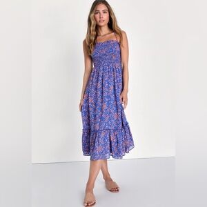 Lulus Precious Personality Blue Floral Smocked Backless Midi Dress